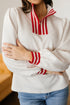 Textured Knit Striped Accent Zipped Collar Pullover Top