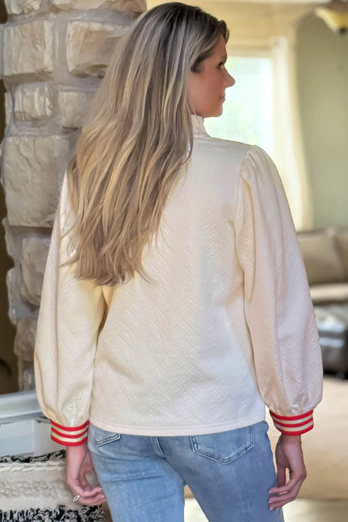 Textured Knit Striped Accent Zipped Collar Pullover Top