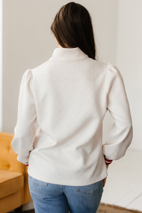 Textured Knit Striped Accent Zipped Collar Pullover Top