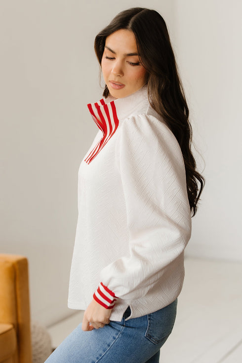 Textured Knit Striped Accent Zipped Collar Pullover Top