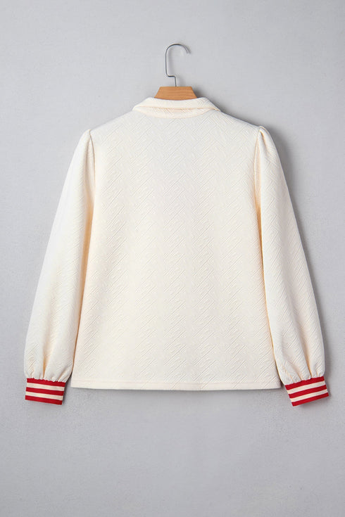 Textured Knit Striped Accent Zipped Collar Pullover Top