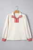Textured Knit Striped Accent Zipped Collar Pullover Top