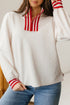 Textured Knit Striped Accent Zipped Collar Pullover Top