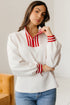 Textured Knit Striped Accent Zipped Collar Pullover Top