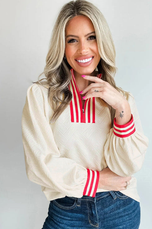 Textured Knit Striped Accent Zipped Collar Pullover Top