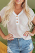 Textured Knit Striped Button Front Short Sleeve Top