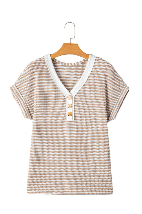 Textured Knit Striped Button Front Short Sleeve Top