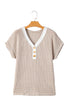 Textured Knit Striped Button Front Short Sleeve Top