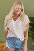 Textured Knit Striped Button Front Short Sleeve Top