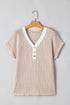 Textured Knit Striped Button Front Short Sleeve Top