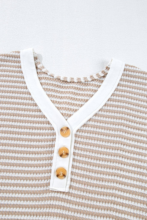 Textured Knit Striped Button Front Short Sleeve Top