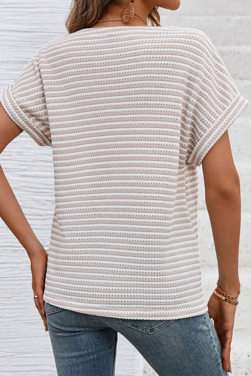 Textured Knit Striped Button Front Short Sleeve Top