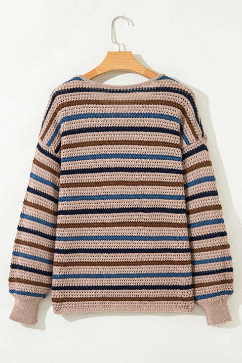 Textured Knit Striped Long Sleeve Relaxed Pullover Sweater