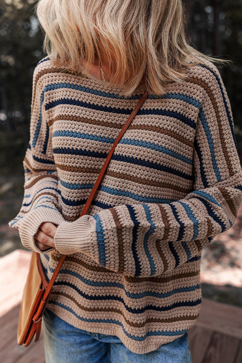 Textured Knit Striped Long Sleeve Relaxed Pullover Sweater