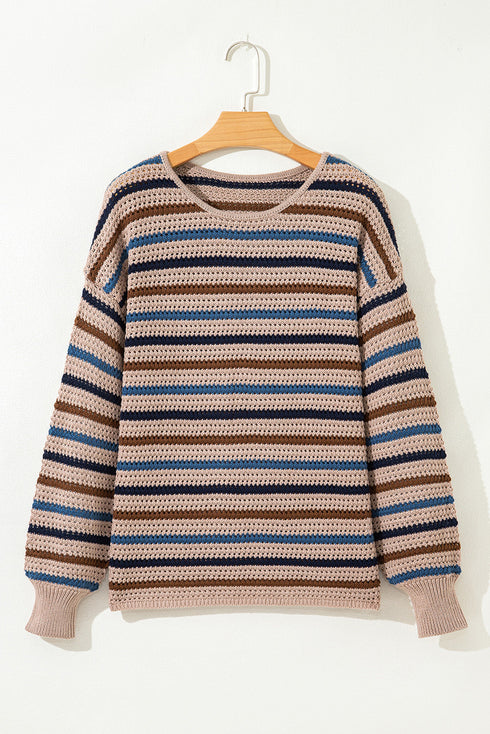 Textured Knit Striped Long Sleeve Relaxed Pullover Sweater