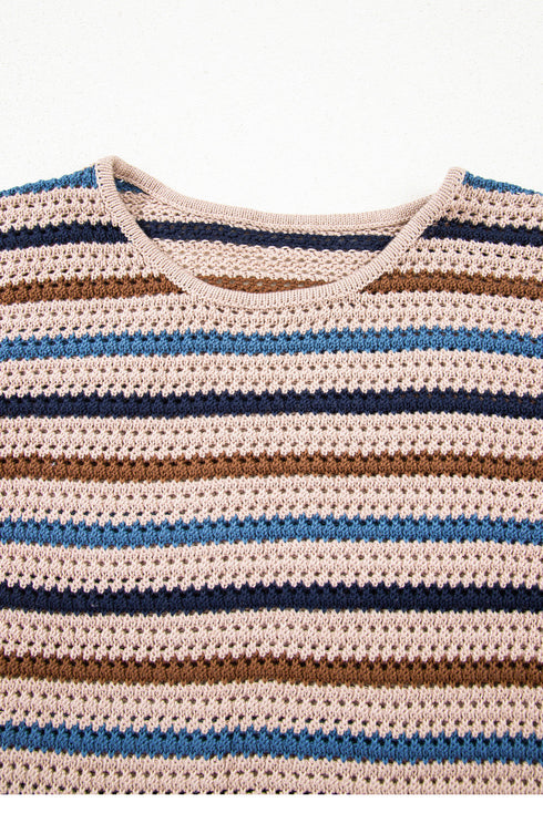 Textured Knit Striped Long Sleeve Relaxed Pullover Sweater