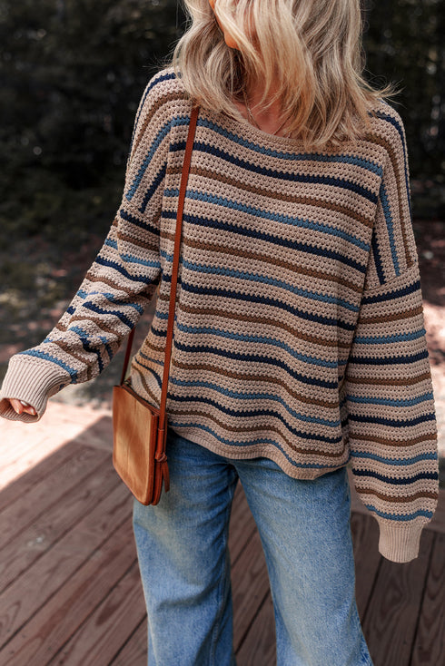 Textured Knit Striped Long Sleeve Relaxed Pullover Sweater