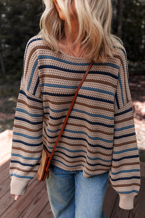 Textured Knit Striped Long Sleeve Relaxed Pullover Sweater