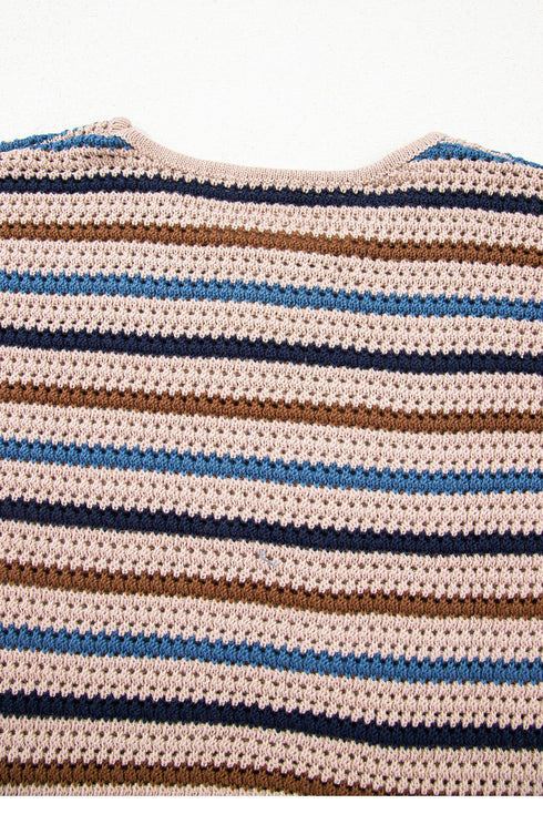 Textured Knit Striped Long Sleeve Relaxed Pullover Sweater