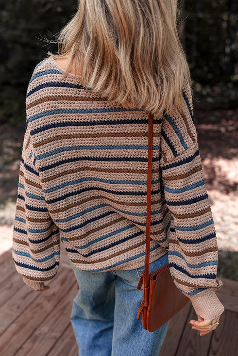Textured Knit Striped Long Sleeve Relaxed Pullover Sweater