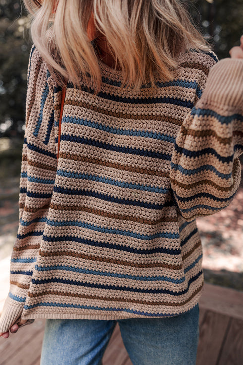 Textured Knit Striped Long Sleeve Relaxed Pullover Sweater