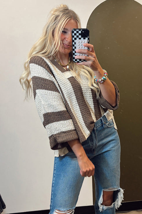 Textured Knit Striped Split Neck Pullover Sweater