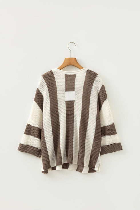 Textured Knit Striped Split Neck Pullover Sweater