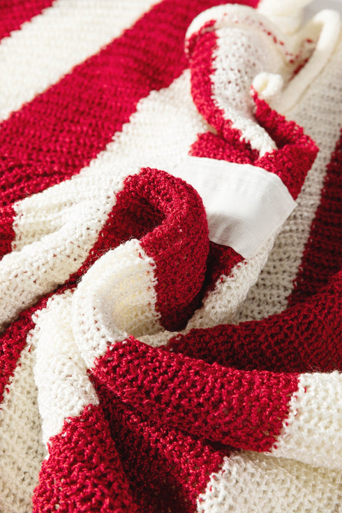 Textured Knit Striped Split Neck Pullover Sweater