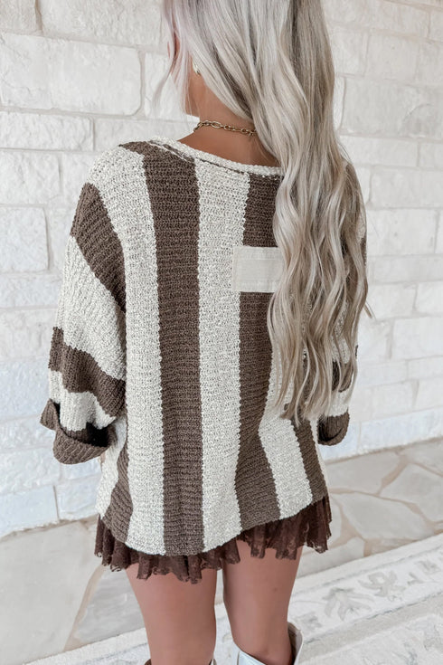 Textured Knit Striped Split Neck Pullover Sweater