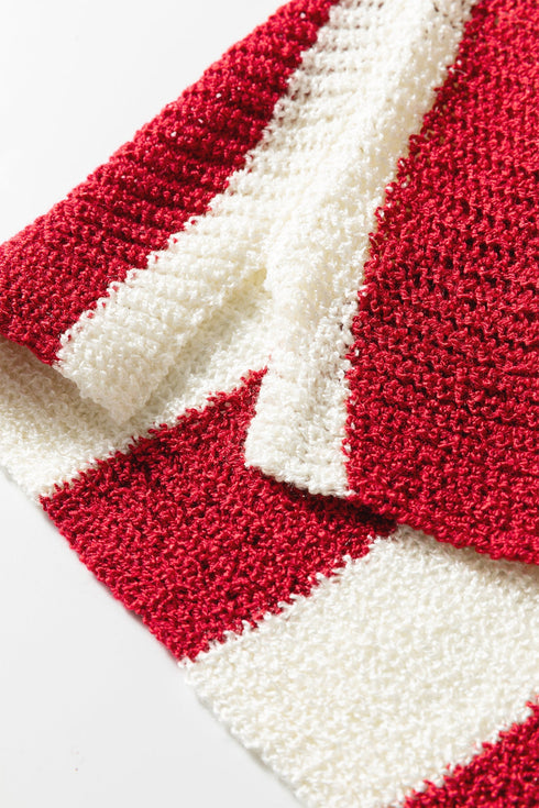 Textured Knit Striped Split Neck Pullover Sweater