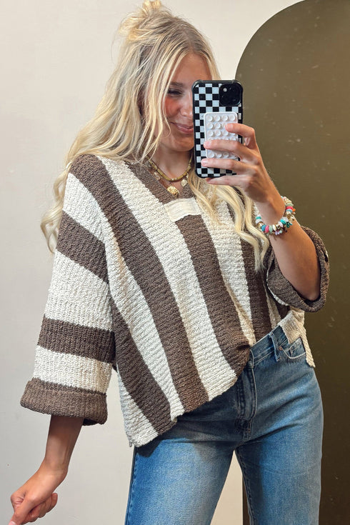 Textured Knit Striped Split Neck Pullover Sweater