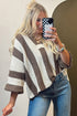 Textured Knit Striped Split Neck Pullover Sweater