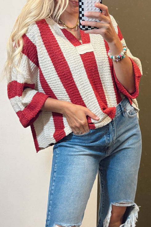 Textured Knit Striped Split Neck Pullover Sweater