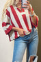 Textured Knit Striped Split Neck Pullover Sweater