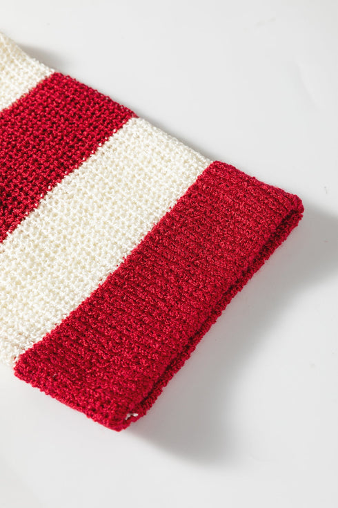Textured Knit Striped Split Neck Pullover Sweater