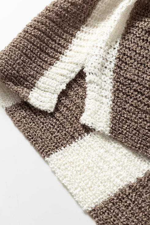 Textured Knit Striped Split Neck Pullover Sweater