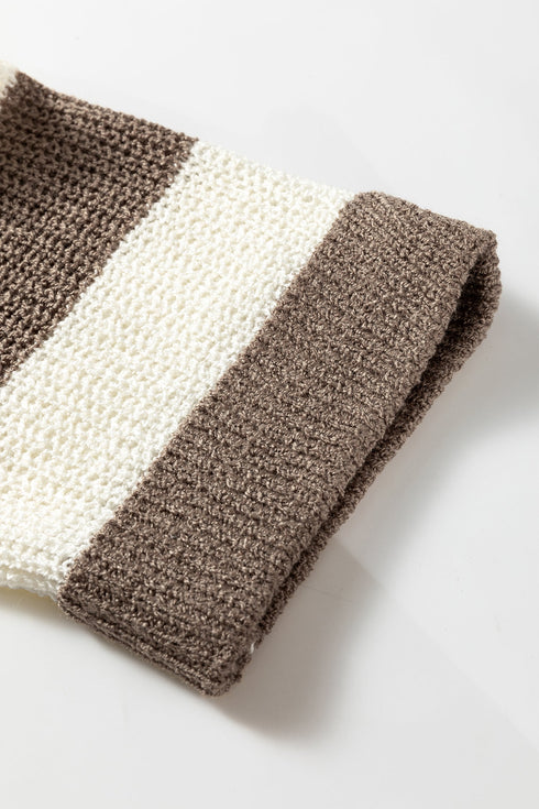 Textured Knit Striped Split Neck Pullover Sweater