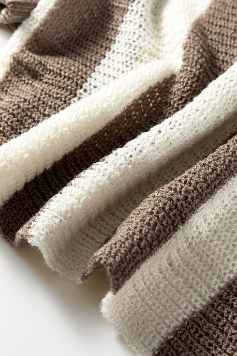 Textured Knit Striped Split Neck Pullover Sweater