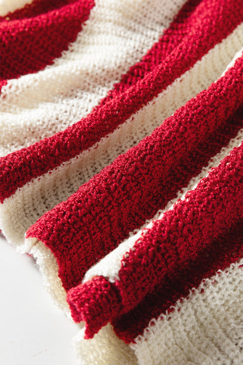 Textured Knit Striped Split Neck Pullover Sweater