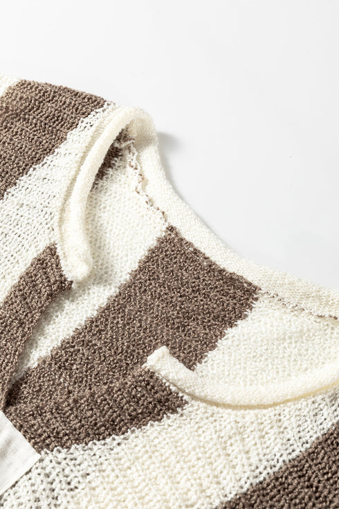Textured Knit Striped Split Neck Pullover Sweater