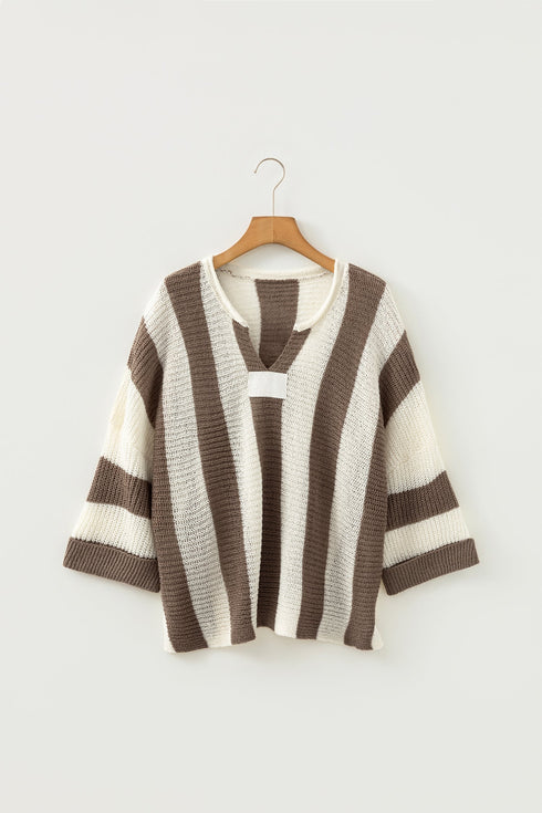 Textured Knit Striped Split Neck Pullover Sweater