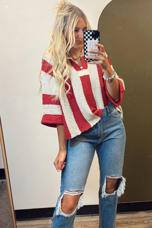 Textured Knit Striped Split Neck Pullover Sweater