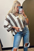 Textured Knit Striped Split Neck Pullover Sweater
