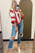 Textured Knit Striped Split Neck Pullover Sweater