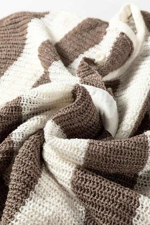 Textured Knit Striped Split Neck Pullover Sweater