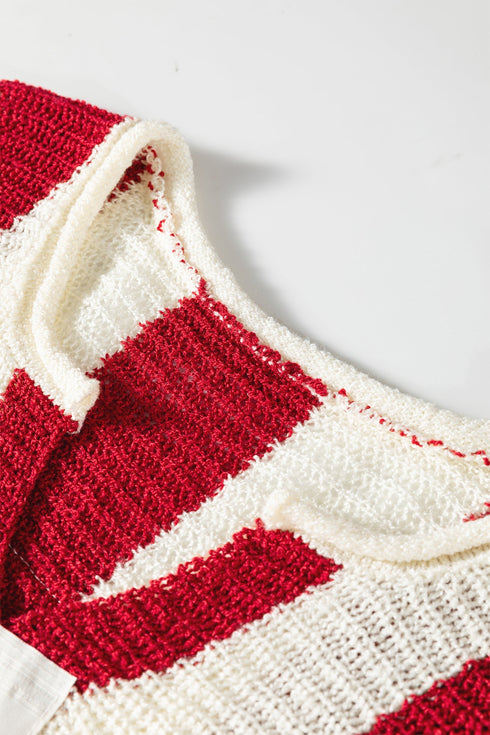 Textured Knit Striped Split Neck Pullover Sweater