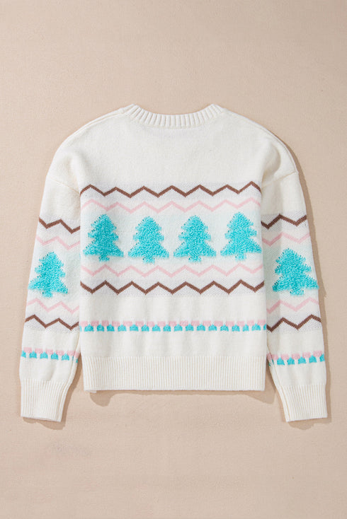 Textured Knit Tree And Chevron Pattern Sweater