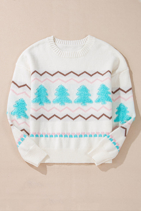 Textured Knit Tree And Chevron Pattern Sweater