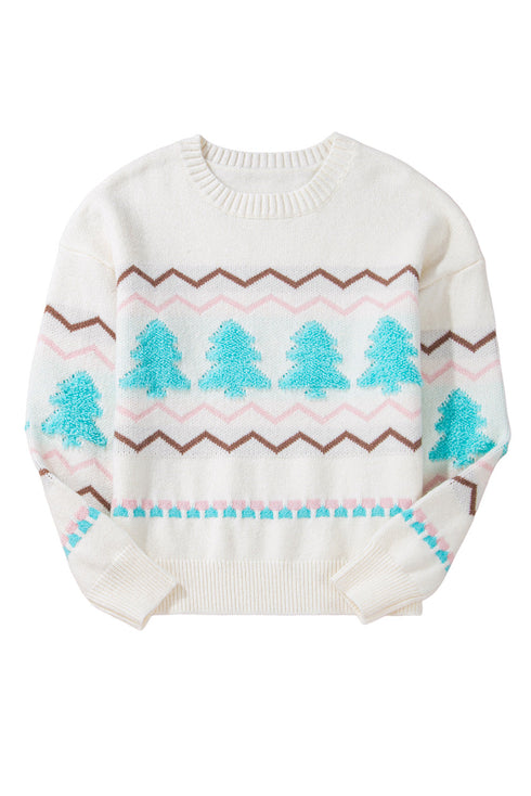 Textured Knit Tree And Chevron Pattern Sweater