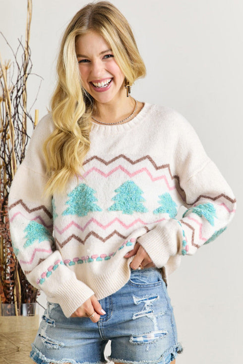Textured Knit Tree And Chevron Pattern Sweater